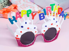 Happy Birthday Yazılı Beyaz Fuşya Renk Parti Gözlüğü 12x7 cm (4944)