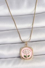 316L Çelik Gold Renk Zincir Pembe Papatya İşlemeli İnci Detay Kadın Kolye - TJ-BKO10082