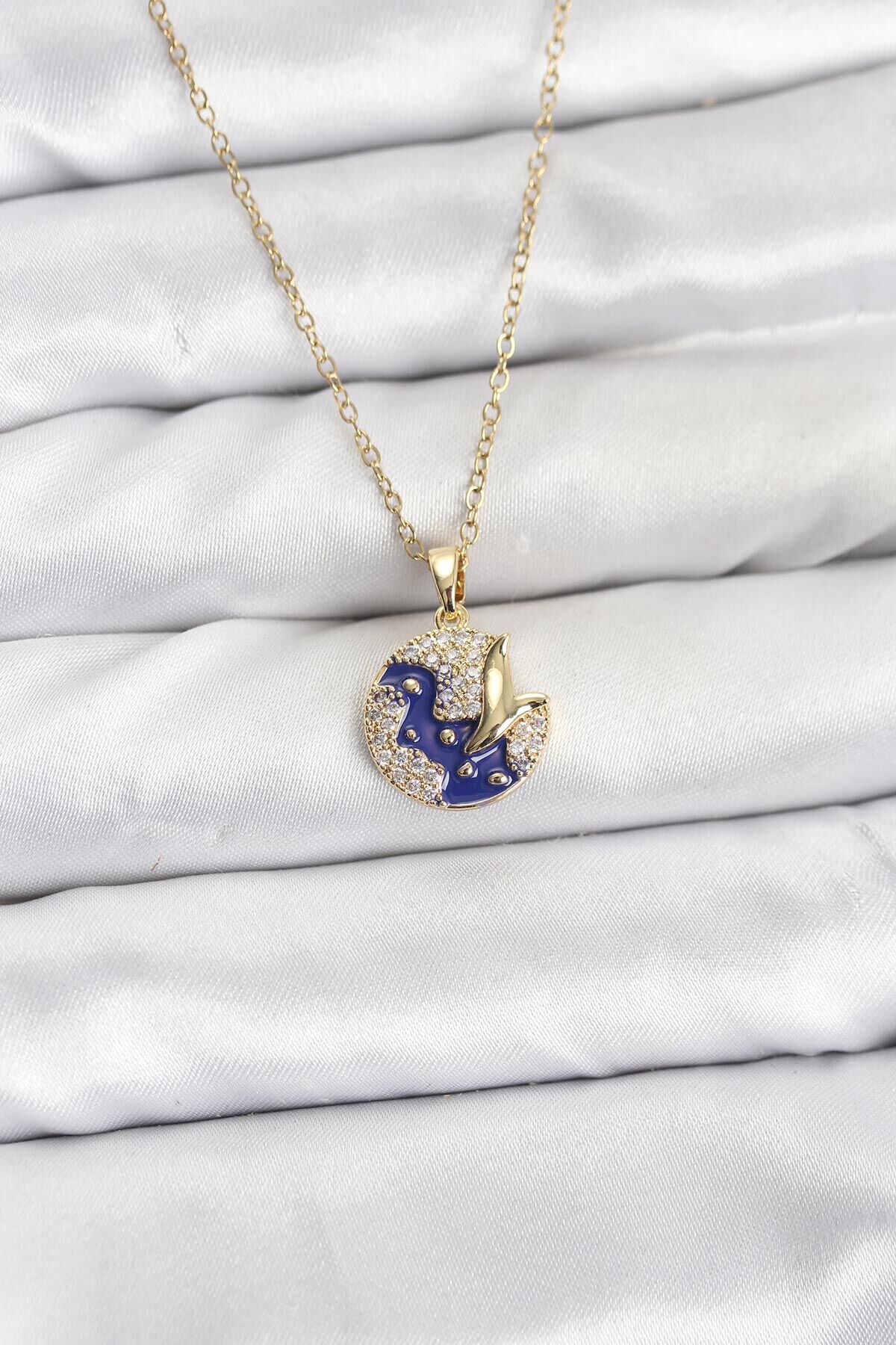 316L Çelik Zincir Gold Renk Gece Model Zirkon Taşlı Kadın Kolye - TJ-BKO10891