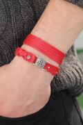 Metal Aksesuarlı Kırmızı Renk Deri Erkek Bileklik Kombin - TJ-EB2803