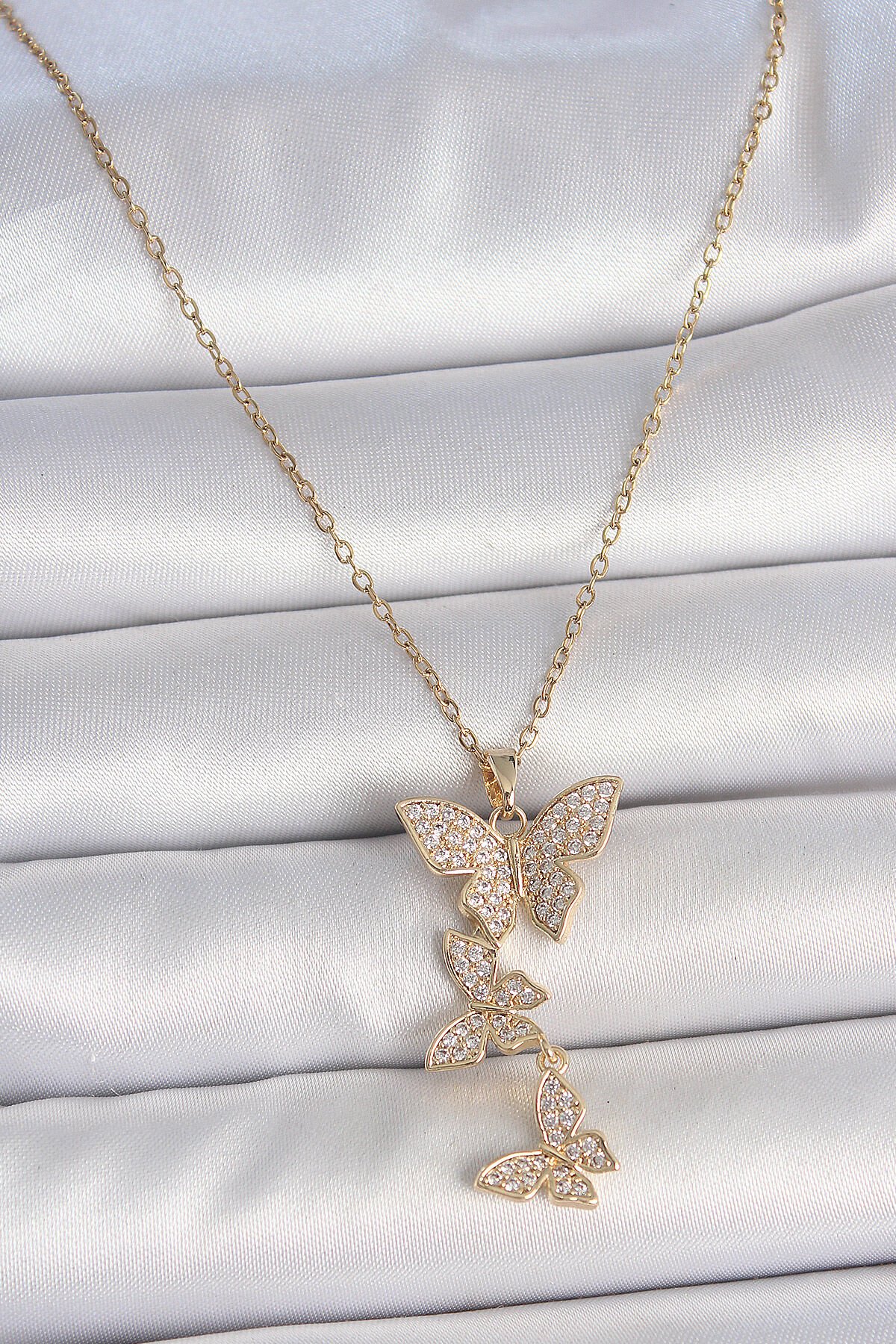 316L Çelik Gold Renk Zirkon Taşlı Sallantı Kelebek Model Kadın Kolye - TJ-BKO10088
