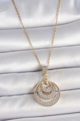 316L Çelik Gold Renk Zirkon Taşlı Madalyon Model Kadın Kolye - TJ-BKO10089