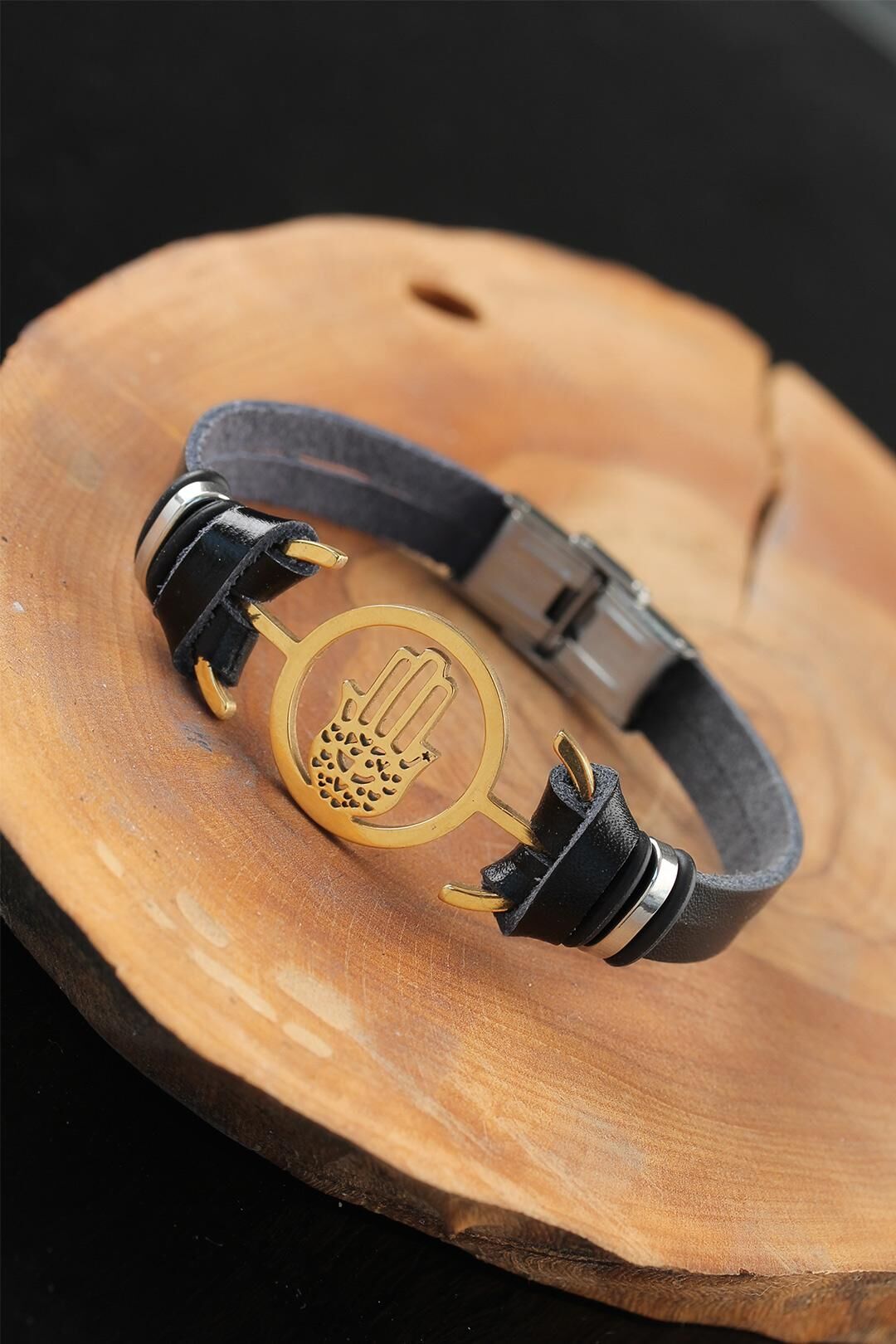 Gold Renk Metal Fatma Ana Eli Tasarım Siyah Renk Deri Erkek Bileklik - TJ-EB2558-KS