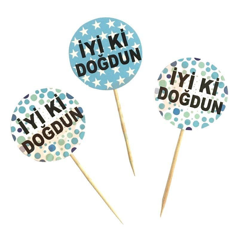 Mavi Renk İyiki Doğdun Yazılı Yıldız Yuvarlak Desenli Kürdan Süs 20 Adet