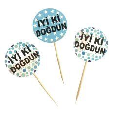 Mavi Renk İyiki Doğdun Yazılı Yıldız Yuvarlak Desenli Kürdan Süs 20 Adet