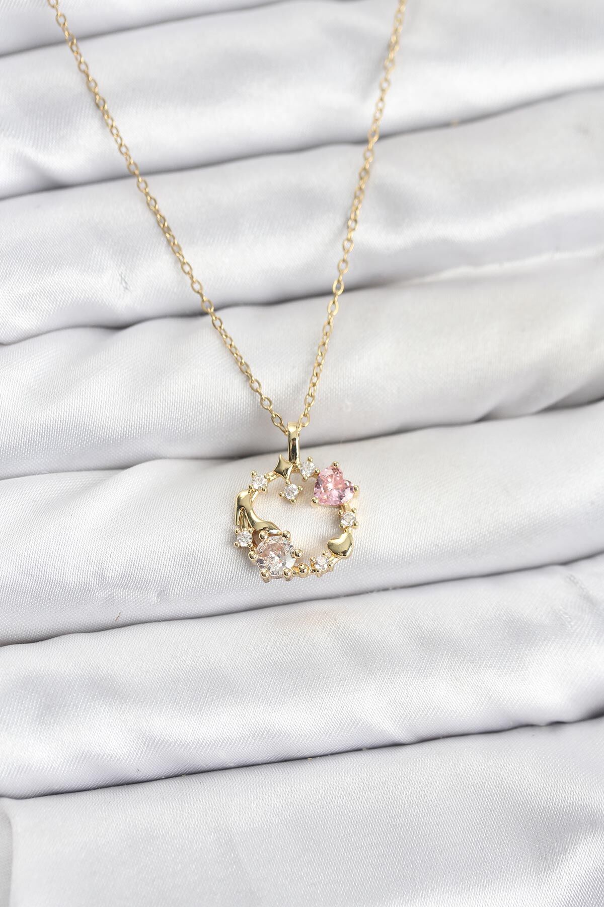 316L Çelik Zincir Gold Renk Pembe Taş Detaylı Çelenk Model Kadın Kolye - TJ-BKO10903