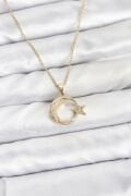 316L Çelik Zincir Gold Renk Ay Yıldız Model Zirkon Taşlı Kadın Kolye - TJ-BKO10905