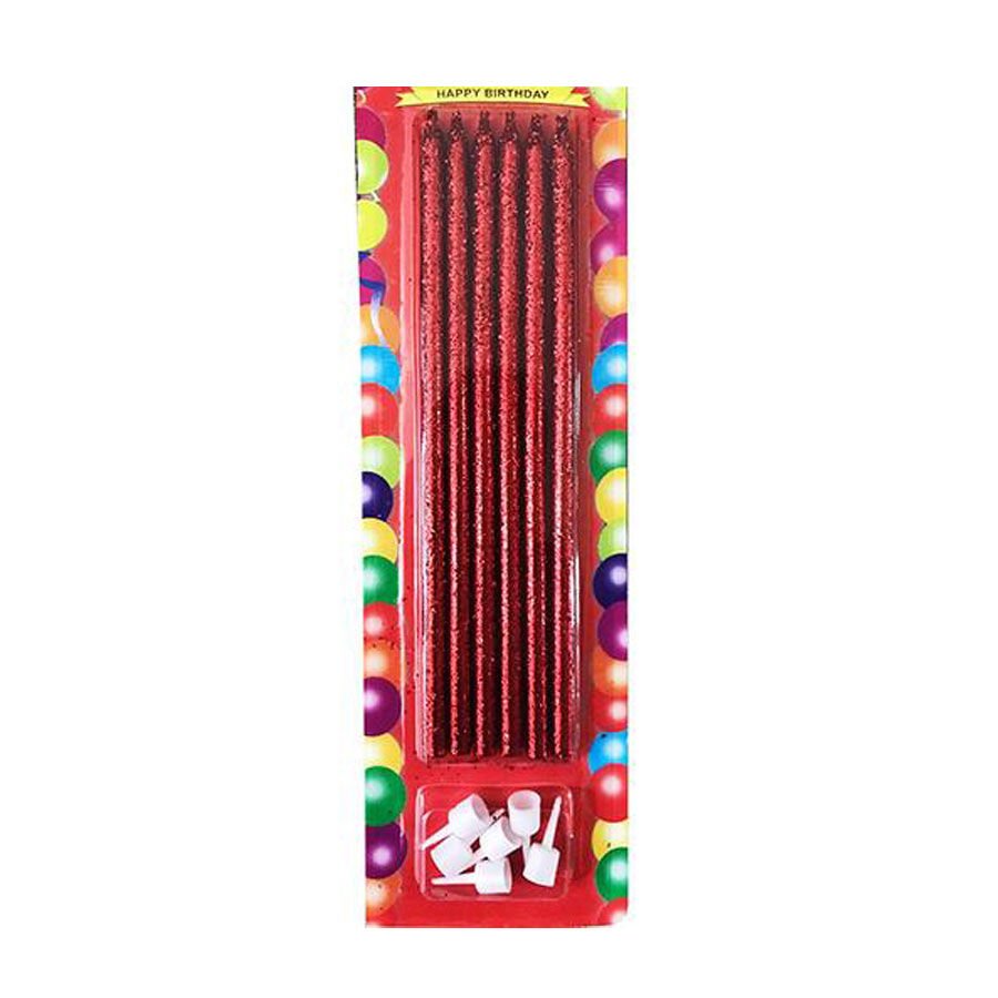 Kırmızı Simli Pasta Mumu 6 Adet 16 cm