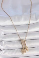 316L Çelik Gold Renk Zirkon Taşlı Sallantı Melek Figür Charm Kadın Kolye - TJ-BKO10099