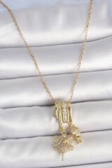 316L Çelik Gold Renk Zirkon Taşlı Sallantı Melek Figür Charm Kadın Kolye - TJ-BKO10099