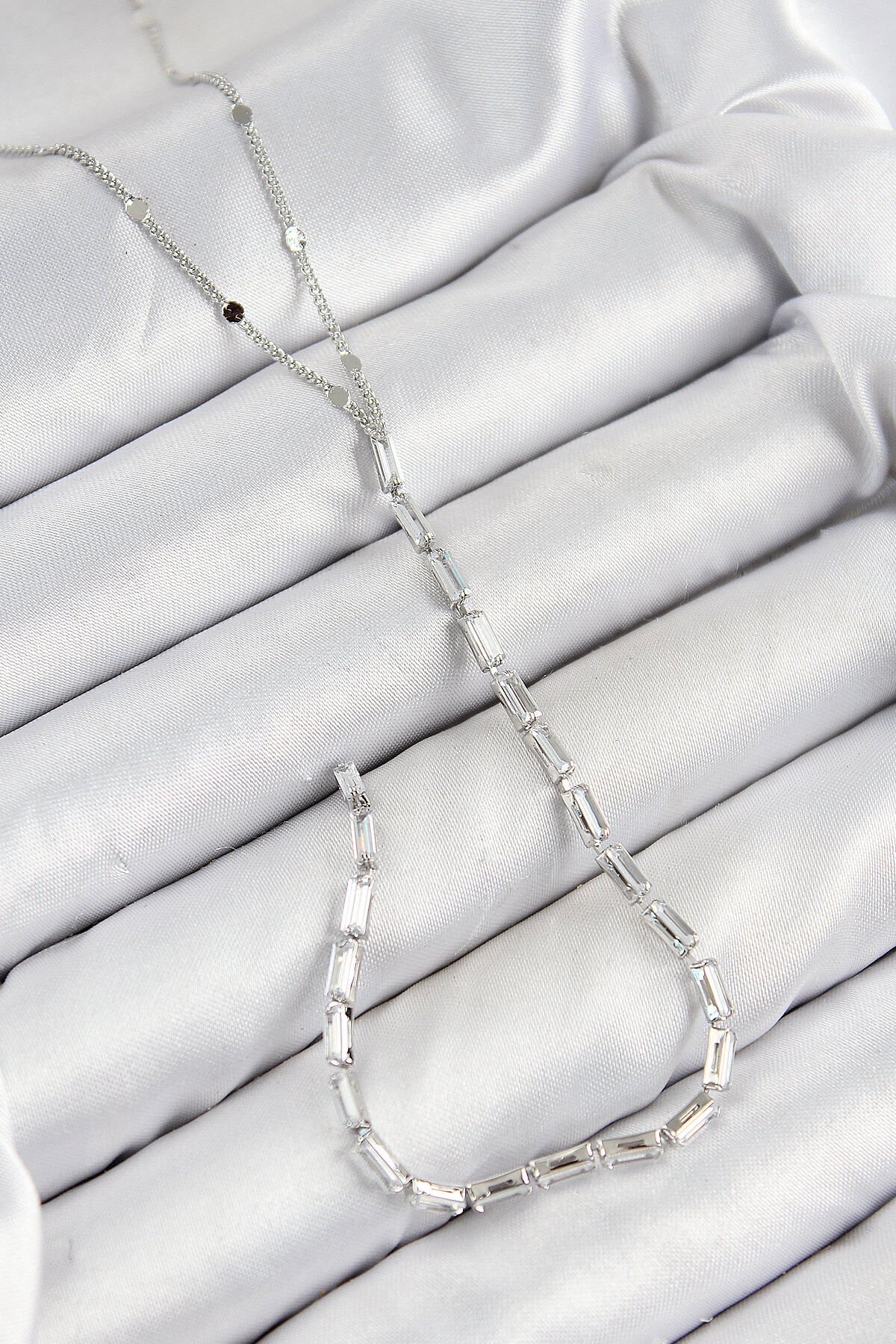 Pirinç Zirkon Taşlı Model Gümüş Renk Y Kolye - TJ-BKO10451