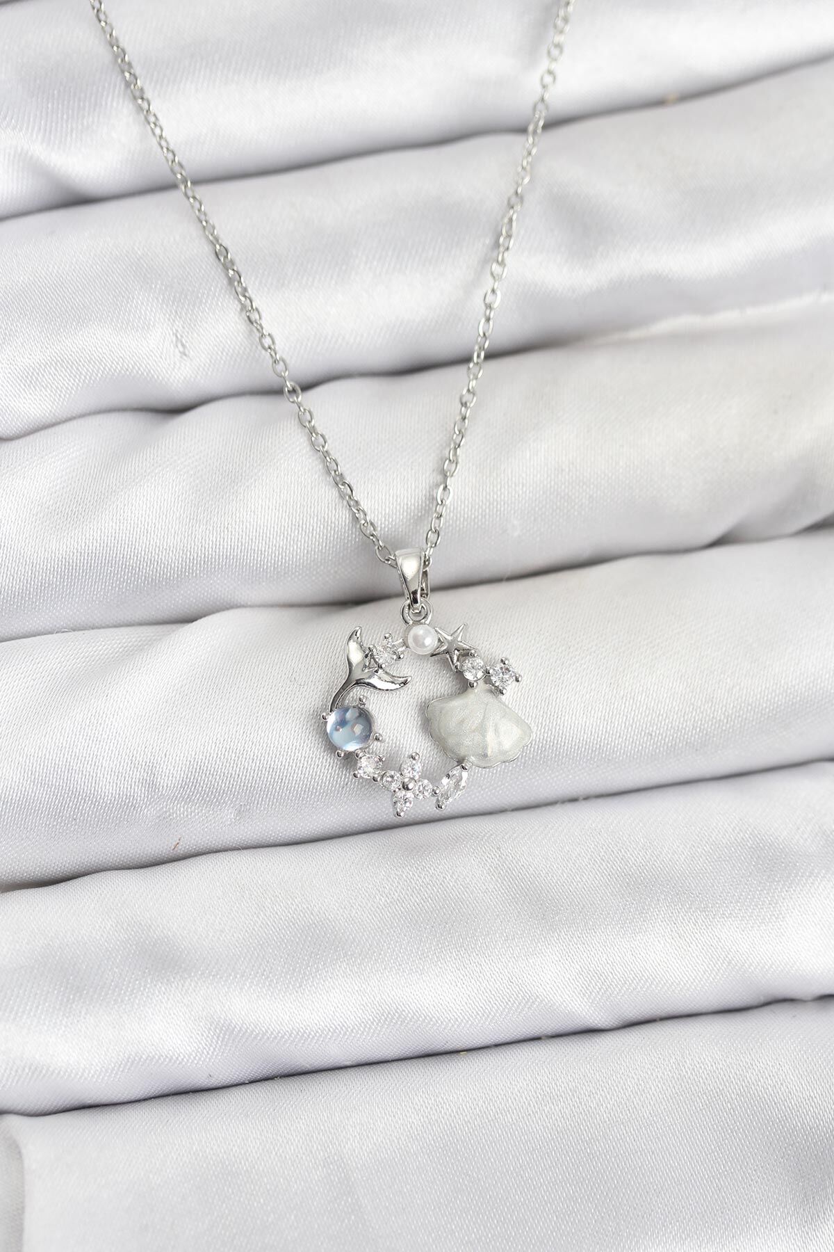 316L Çelik Zincir Gümüş Renk Deniz Tema Model Zirkon Taşlı Kadın Kolye - TJ-BKO10908