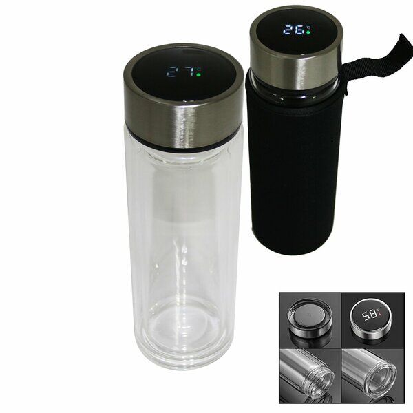 Dijital Sıcaklık Göstergeli Koruma Kılıflı Cam Termos - 500 ML  (4944)