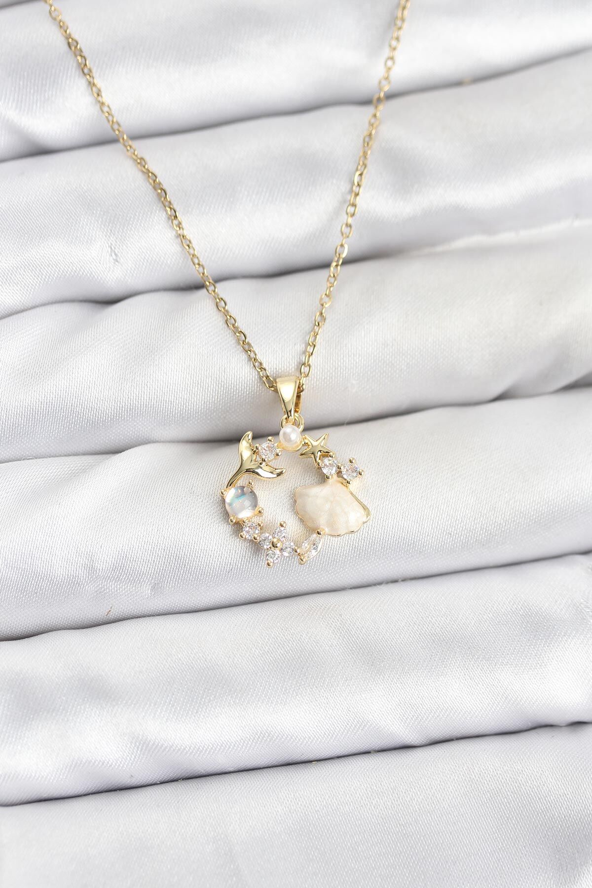 316L Çelik Zincir Gold Renk Deniz Tema Model Zirkon Taşlı Kadın Kolye - TJ-BKO10909