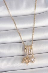 316L Çelik Gold Renk Sallantı Fiyonk Kalp Figür Charm Kadın Kolye - TJ-BKO10103