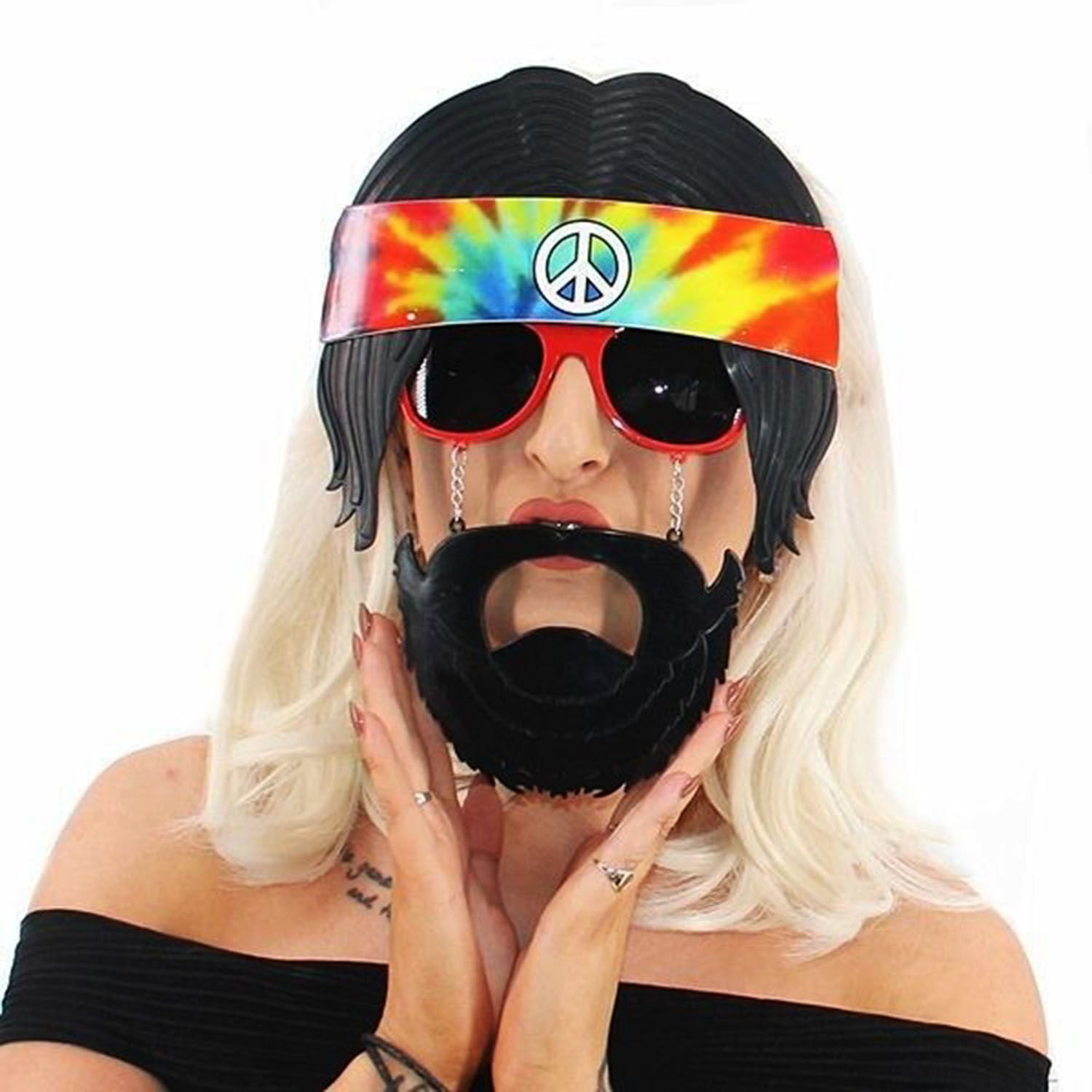 Siyah Saçlı Bandana Tasarımlı Hippi Parti Gözlüğü 26x18 cm (4944)