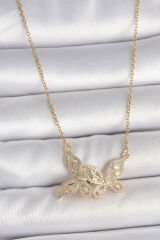 316L Çelik Gold Renk Zincir Zirkon Taşlı Kelebek Model Kadın Kolye - TJ-BKO10105