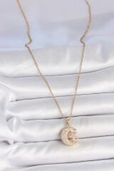 316L Çelik Gold Renk Zincir Zirkon Taşlı Ay Yıldız Model Kadın Kolye - TJ-BKO10107