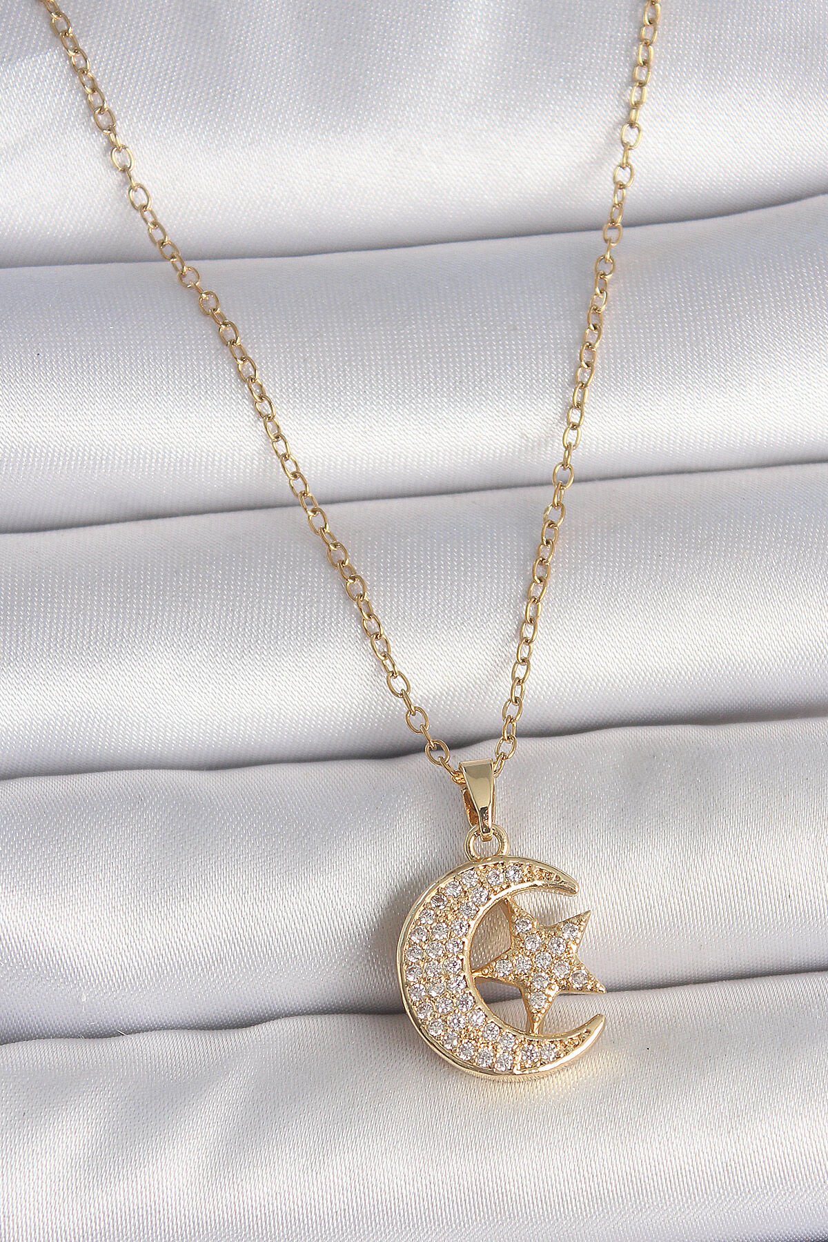 316L Çelik Gold Renk Zincir Zirkon Taşlı Ay Yıldız Model Kadın Kolye - TJ-BKO10107