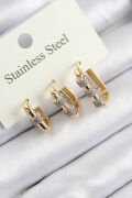316L Çelik Zirkon Taşlı Dikdörtgen Model Gold Renk 3'lü Set Kadın Küpe - TJ-BKP10916