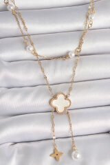 316L Çelik Gold Renk Zincir Beyaz Yonca Figür Sallantı Çiçek İnci Detay Kadın Kolye - TJ-BKO10109