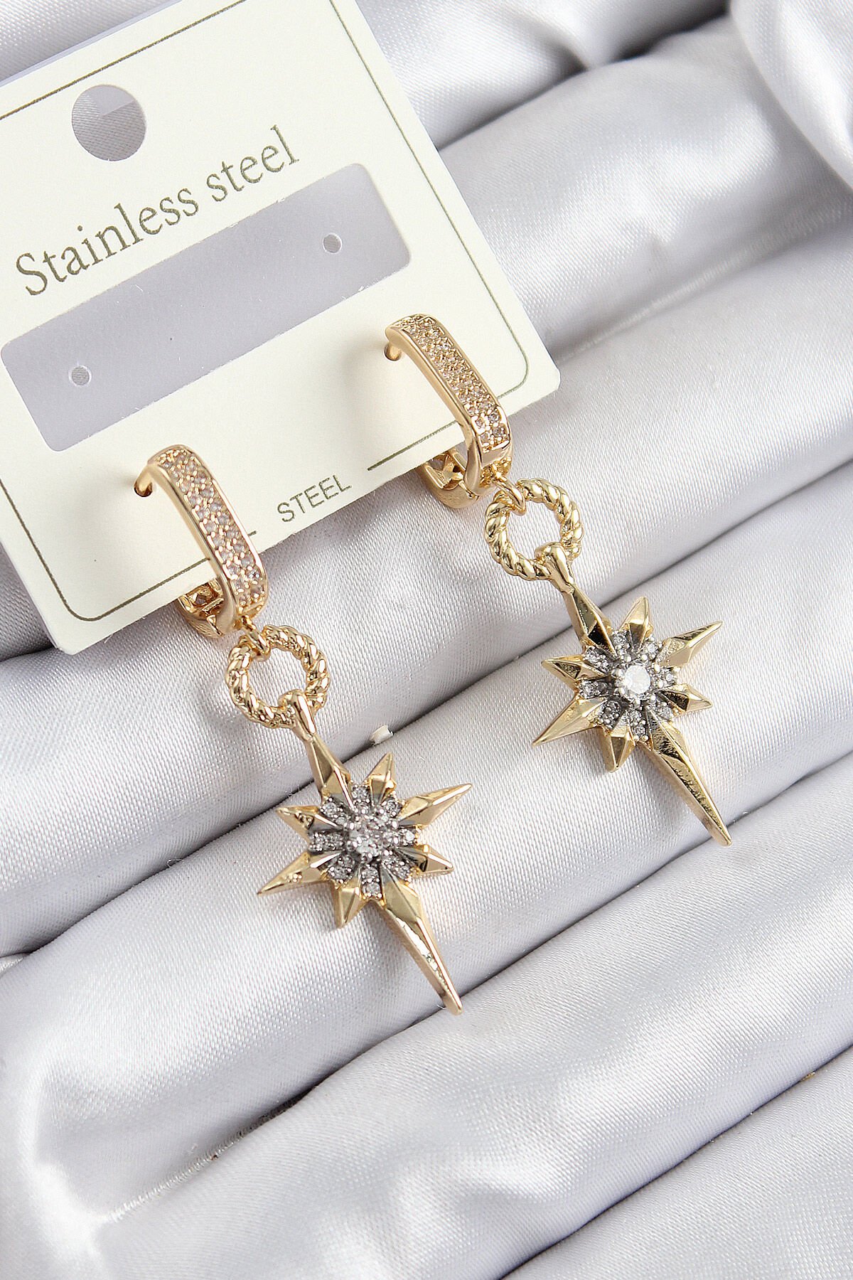 316L Çelik Zirkon Taşlı Sallantılı Kutup Yıldızı Model Gold Ve Gümüş Renk Kadın Küpe - TJ-BKP10918