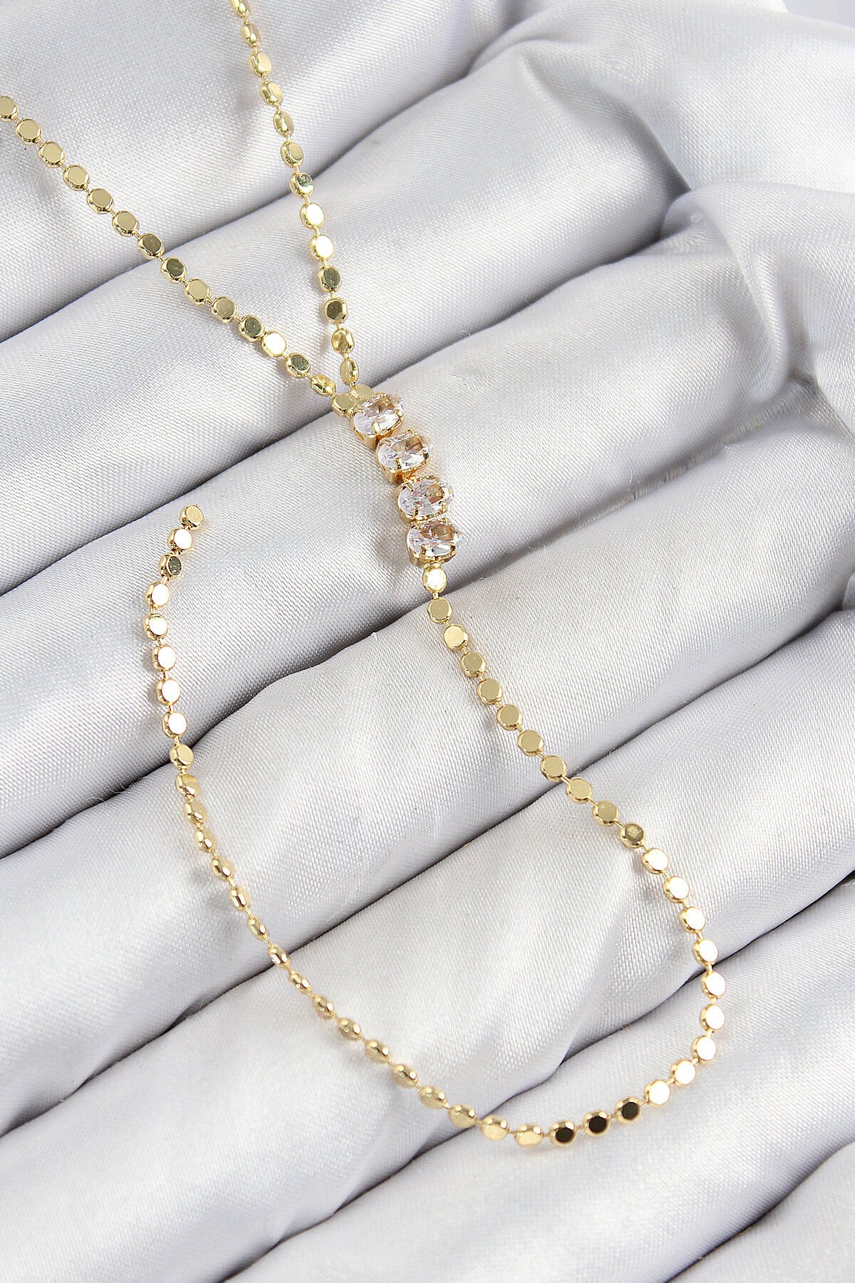 Pirinç Zirkon Taşlı Ezme Zincirli Model Gold Renk Y Kolye - TJ-BKO10465