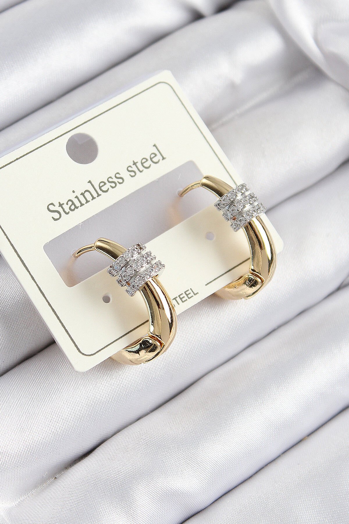 316L Çelik Zirkon Taşlı Halka Model Gold Renk Kadın Küpe - TJ-BKP10924