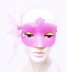 Sim İşlemeli İnci Boncuk Detaylı Tüylü Balo Maskesi Pembe Renk 13x18 cm (4944)