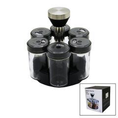 6 PARÇA  YUVARLAK CAM - PLASTİK KAPAK TULUK - BAHARATLIK DÖNER STANDLI (4944)