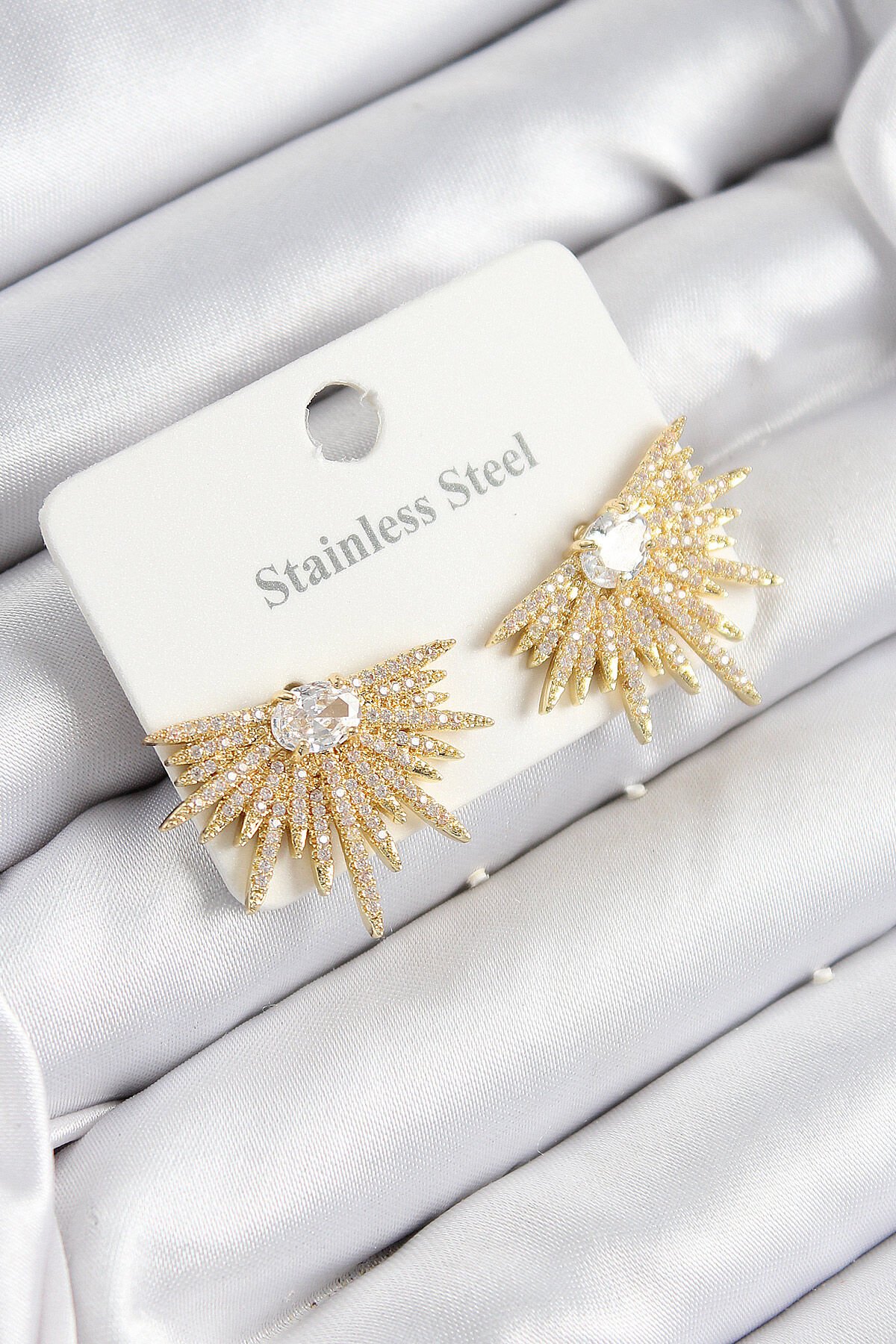 316L Çelik Zirkon Taşlı Yelpaze Model Gold Renk Kadın Küpe - TJ-BKP10927