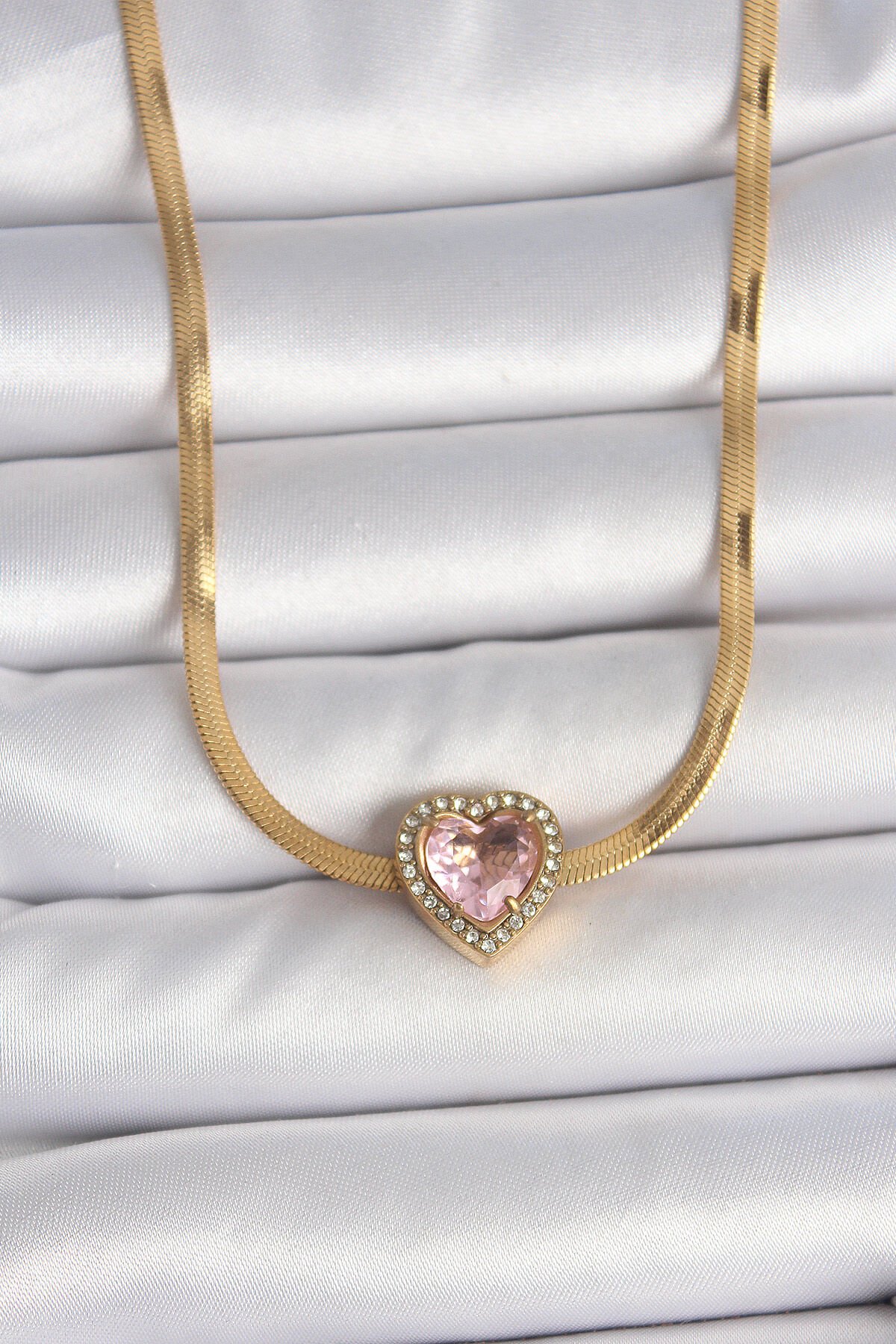 316L Çelik Gold Renk İtalyan Zincir Pembe Zirkon Taşlı Kalp Model Kadın Kolye - TJ-BKO10120