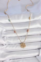 316L Çelik Gold Renk Yonca Figür Zirkon Taş Detaylı Kadın Kolye - TJ-BKO10122