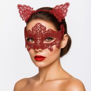 Romantik Kırmızı Dantel Maske Seti – Kedi Kulaklı Taç ve Maske 3 No