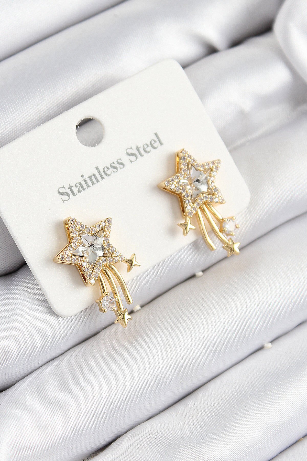 316L Çelik Zirkon Taşlı Kayan Yıldız Model Gold Renk Kadın Küpe - TJ-BKP10931