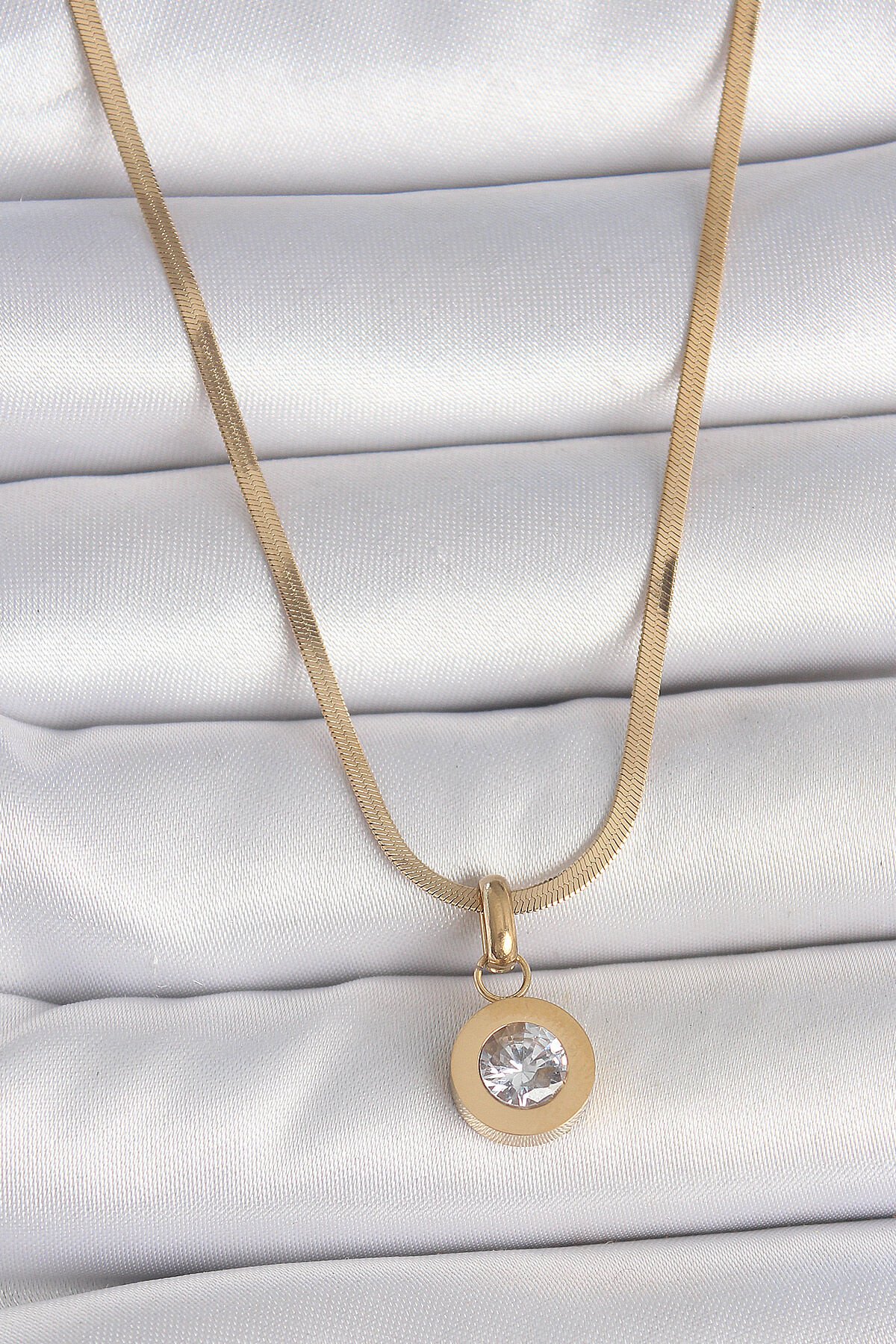 316L Çelik Gold Renk İtalyan Zincir Sallantı Zirkon Taş Model Kadın Kolye - TJ-BKO10124