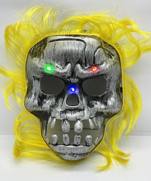 Sarı Saçlı Led Işıklı Kuru Kafa İskelet Korku Maskesi 22x25 cm (4944)