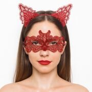Ateş Kırmızısı Dantel Taç ve Maske Seti 10 No - Maskeli Balo & Özel Gün Seti