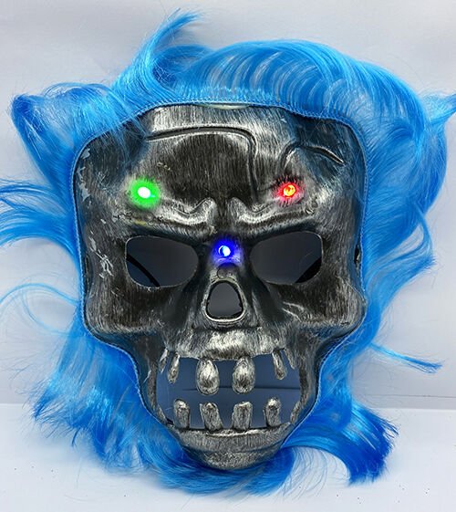 Mavi Saçlı Led Işıklı Kuru Kafa İskelet Korku Maskesi 22x25 cm (4944)