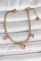 316L Çelik Gold Renk Zincir Sallantı Pembe Zirkon Taşlı Kalp Model Kadın Bileklik - TJ-BB6947