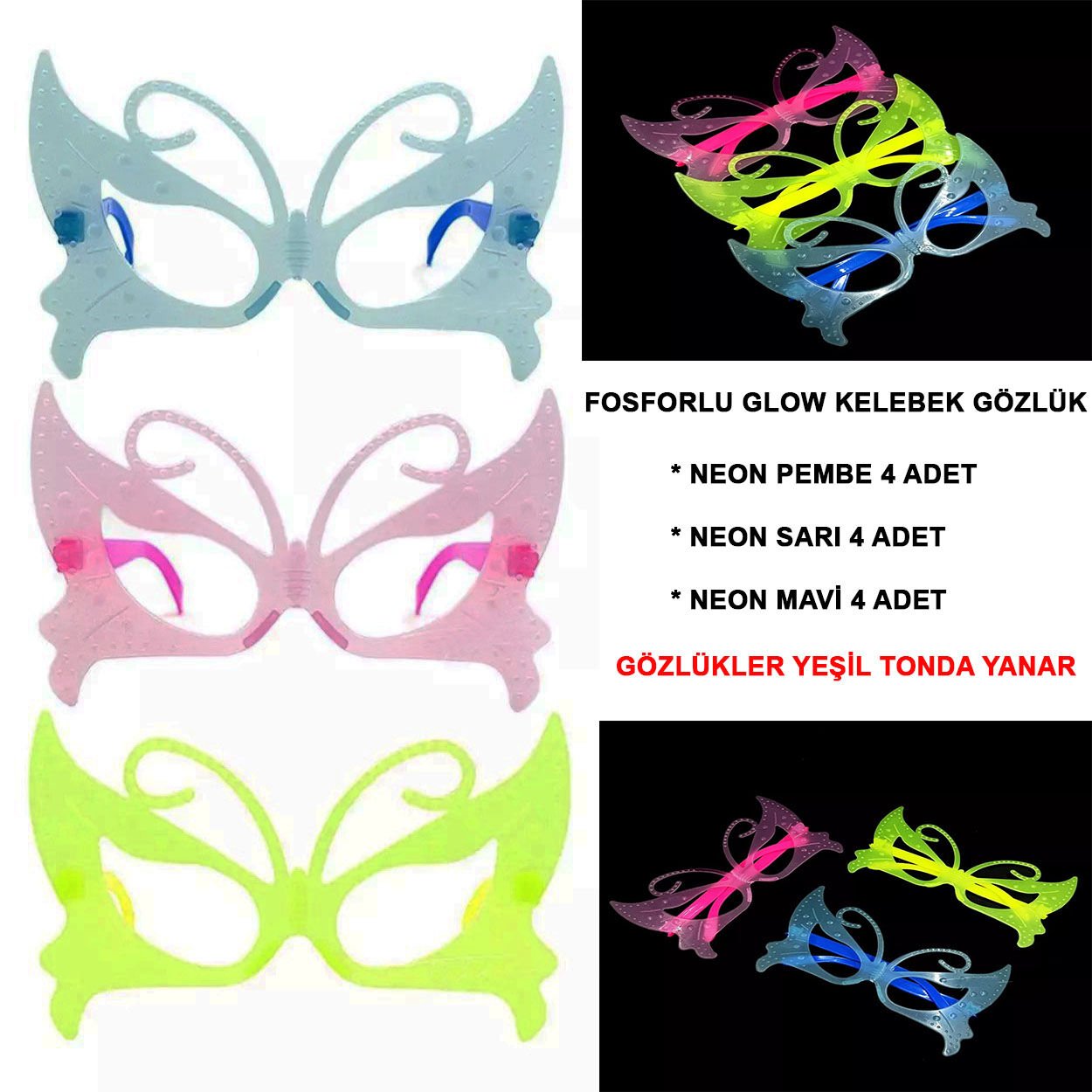 Fosforlu Kelebek Model Glow Parti Gözlüğü Karanlıkta Yanan Gözlükler 12 Adet (4944)