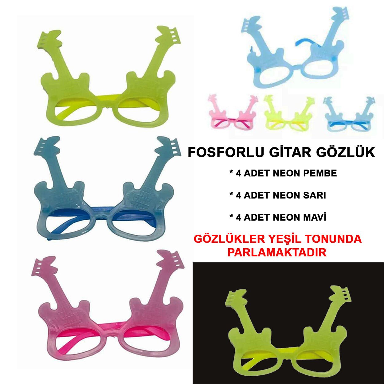 Fosforlu Gitar Model Glow Parti Gözlüğü Karanlıkta Yanan Gözlükler 12 Adet (4944)
