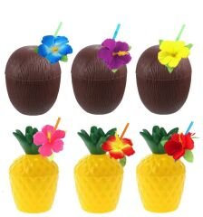 Ananas & Hindistan Cevizi Tasarımlı Pipetli Bardak Seti (6 Adet)