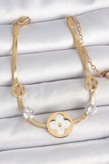 316L Çelik Gold Renk İtalyan Zincir Beyaz Mineli Yonca Model Zirkon Taş Detaylı Kadın Bileklik - TJ-BB6954