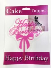 Happy Birthday Yazılı Fiyonklu Pasta Kek Çubuğu Pembe Renk
