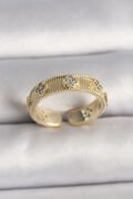 Pirinç Gold Renk Zirkon Taşlı Yonca İşlemeli Ayarlanabilir Yüzük - TJ-BYK3545
