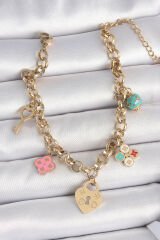 316L Çelik Gold Renk Zincir Sallantı Kilit Kalp Figür Anahtar Model Kadın Bileklik - TJ-BB6957