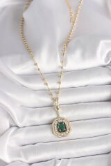 316L Çelik Gold Renk Topçuk Zincir Yeşil Taşlı Seranay Model Kadın Kolye - TJ-BKO9901