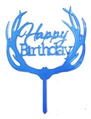 Happy Birthday Yazılı Pasta Süslemesi Kek Çubuğu Mavi Renk 13 cm