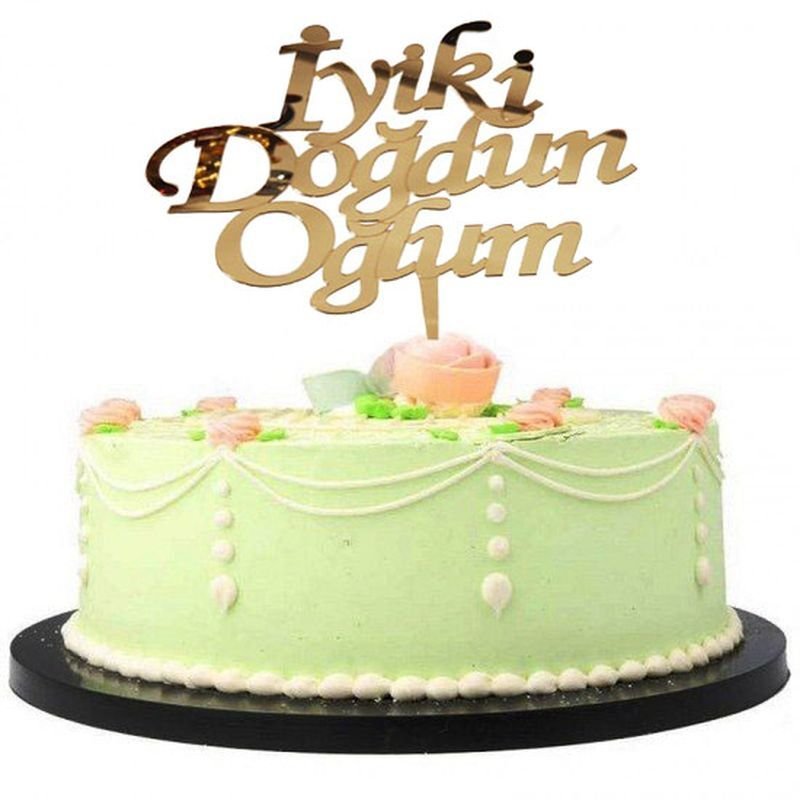 İyiki Doğdun Oğlum Yazılı Doğum Günü Partisi Pleksi Pasta Süsü Altın Renk